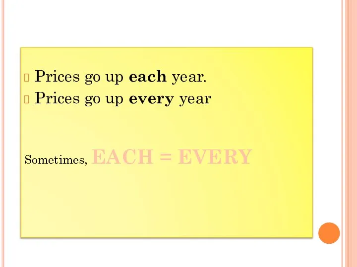 Prices go up each year. Prices go up every year Sometimes, EACH = EVERY