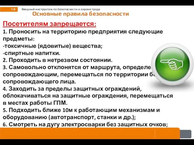 1.0 Основные правила безопасности Посетителям запрещается: 1. Проносить на территорию предприятия следующие