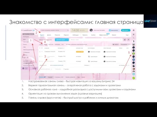 Знакомство с интерфейсами: главная страница Настраиваемая панель слева – быстрая навигация по