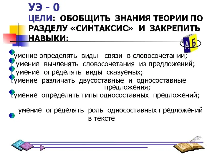 УЭ - 0 ЦЕЛИ: ОБОБЩИТЬ ЗНАНИЯ ТЕОРИИ ПО РАЗДЕЛУ «СИНТАКСИС» И ЗАКРЕПИТЬ