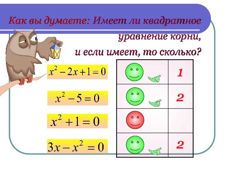 Как вы думаете: Имеет ли квадратное уравнение корни, и если имеет, то сколько? 1 2 2