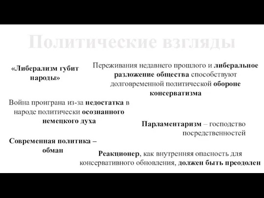 Политические взгляды Война проиграна из-за недостатка в народе политически осознанного немецкого духа