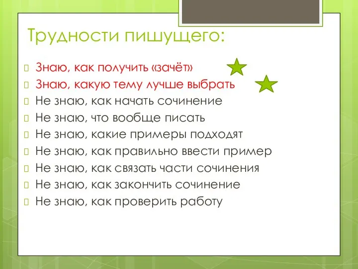 Трудности пишущего: Знаю, как получить «зачёт» Знаю, какую тему лучше выбрать Не