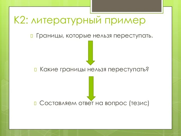 К2: литературный пример Границы, которые нельзя переступать. Какие границы нельзя переступать? Составляем ответ на вопрос (тезис)