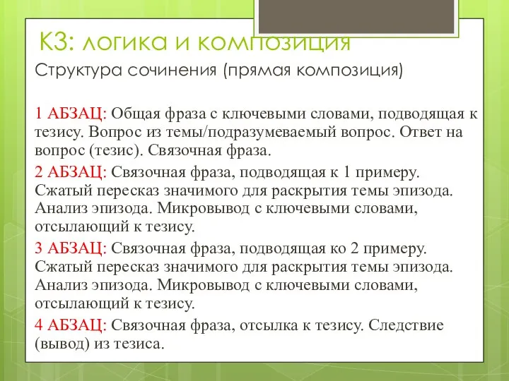 К3: логика и композиция Структура сочинения (прямая композиция) 1 АБЗАЦ: Общая фраза