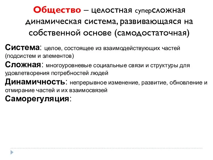 Общество – целостная суперсложная динамическая система, развивающаяся на собственной основе (самодостаточная) Система: