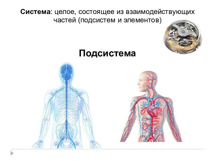 Система: целое, состоящее из взаимодействующих частей (подсистем и элементов) Подсистема