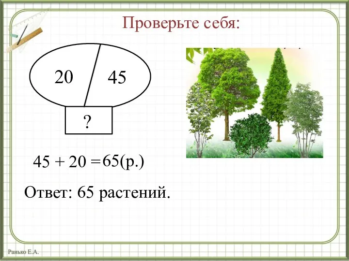 45 20 ? 45 + 20 = 65(р.) Ответ: 65 растений. Проверьте себя: