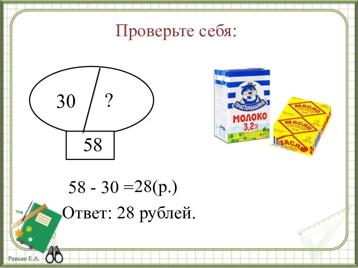 Проверьте себя: ? 30 58 58 - 30 = 28(р.) Ответ: 28 рублей.