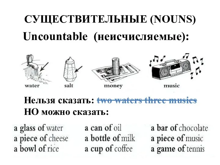 СУЩЕСТВИТЕЛЬНЫЕ (NOUNS) Uncountable (неисчисляемые): Нельзя сказать: two waters three musics НО можно сказать: