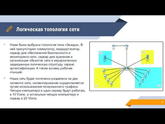 Логическая топология сети Нами была выбрана топология типа «Звезда». В ней присутствуют