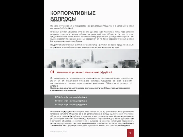 КОРПОРАТИВНЫЕ ВОПРОСЫ 9 © BGP Litigation, 2022 Согласно представленным данным единственным участником