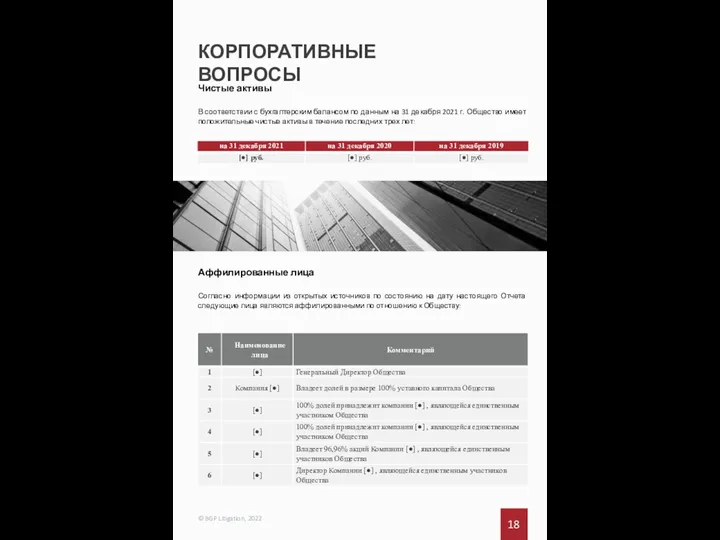 КОРПОРАТИВНЫЕ ВОПРОСЫ 18 © BGP Litigation, 2022 Чистые активы В соответствии с