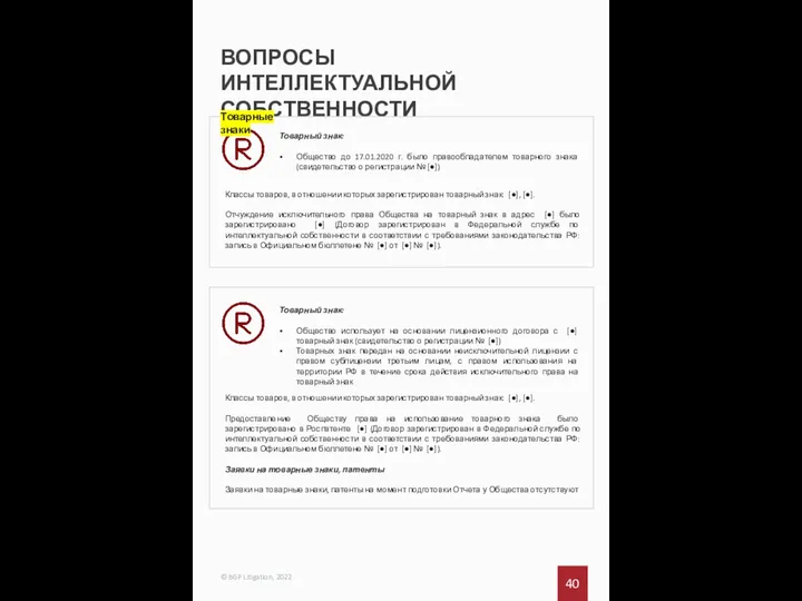 ВОПРОСЫ ИНТЕЛЛЕКТУАЛЬНОЙ СОБСТВЕННОСТИ 40 © BGP Litigation, 2022 Товарный знак: Общество до