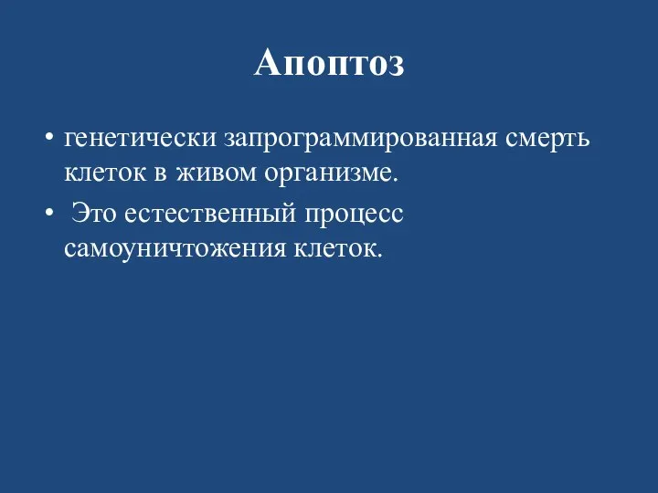 Апоптоз генетически запрограммированная смерть клеток в живом организме. Это естественный процесс самоуничтожения клеток.