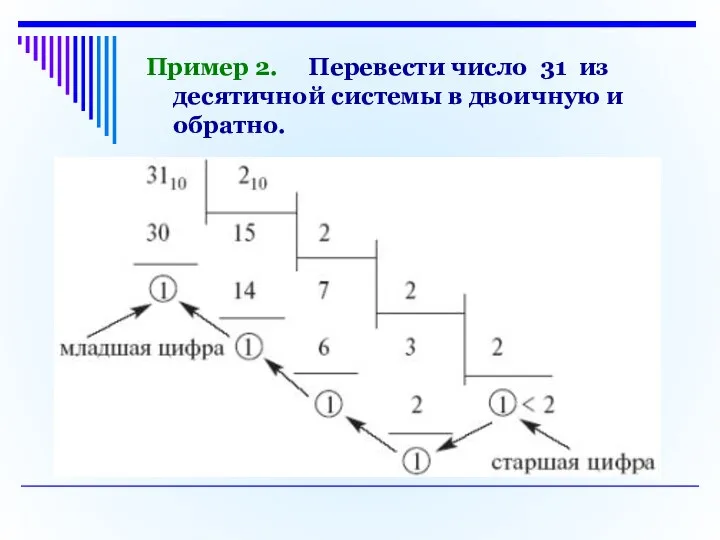 Пример 2. Перевести число 31 из десятичной системы в двоичную и обратно.