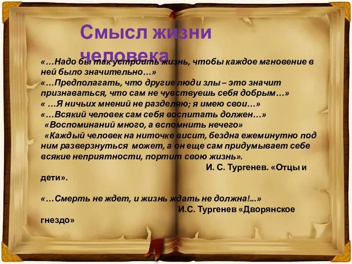 Смысл жизни человека «…Надо бы так устроить жизнь, чтобы каждое мгновение в