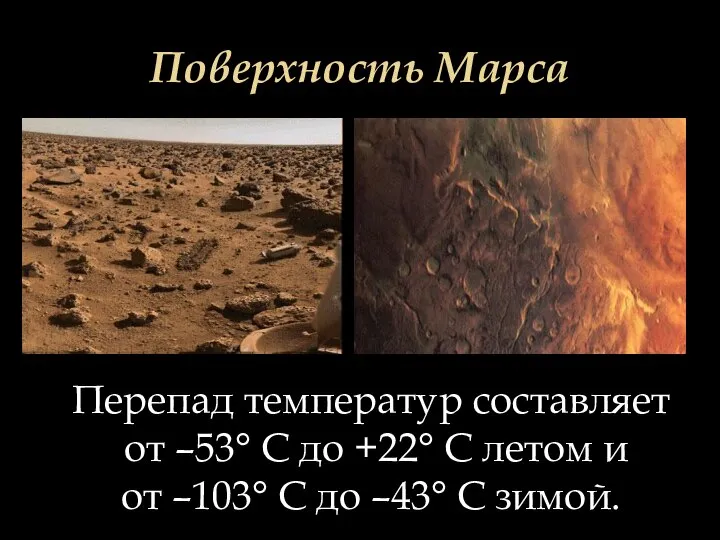 Поверхность Марса Перепад температур составляет от –53° C до +22° C летом
