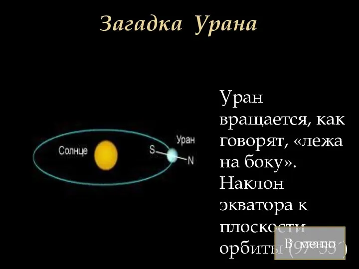 Загадка Урана Уран вращается, как говорят, «лежа на боку». Наклон экватора к