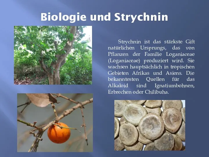 Biologie und Strychnin Strychnin ist das stärkste Gift natürlichen Ursprungs, das von