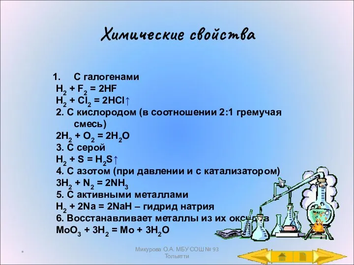 Химические свойства С галогенами H2 + F2 = 2HF H2 + Cl2