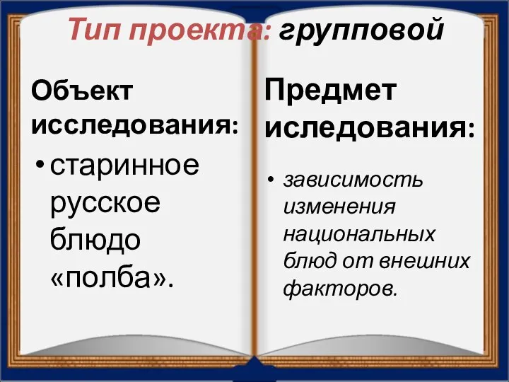 Тип проекта: групповой Объект исследования: старинное русское блюдо «полба». Предмет иследования: зависимость