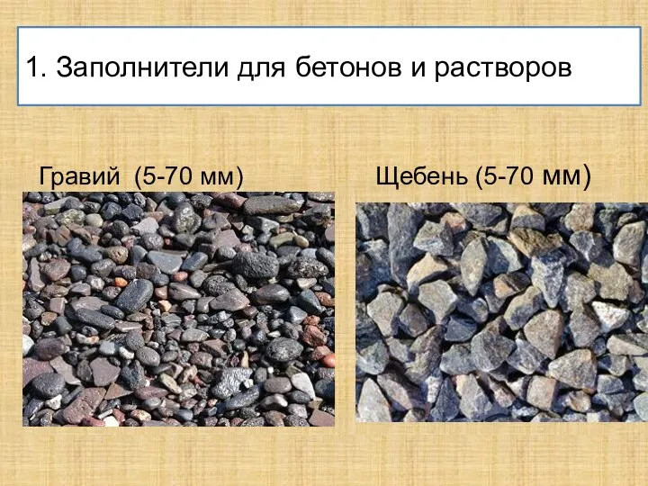 1. Заполнители для бетонов и растворов Гравий (5-70 мм) Щебень (5-70 мм)