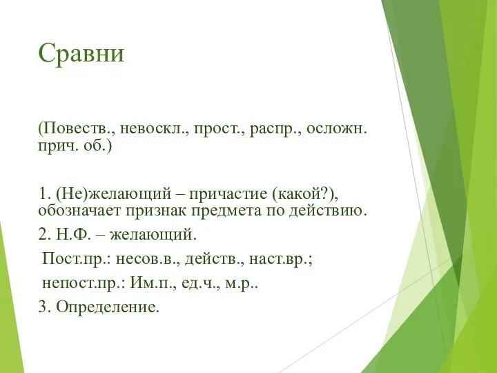 Сравни (Повеств., невоскл., прост., распр., осложн. прич. об.) 1. (Не)желающий – причастие