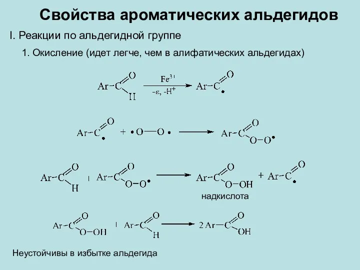 Свойства ароматических альдегидов I. Реакции по альдегидной группе 1. Окисление (идет легче,