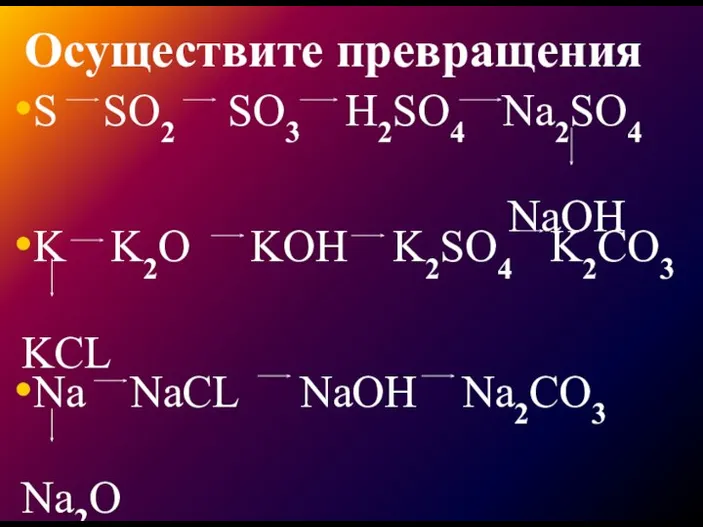 Осуществите превращения S SO2 SO3 H2SO4 Na2SO4 NaOH K K2O KOH K2SO4