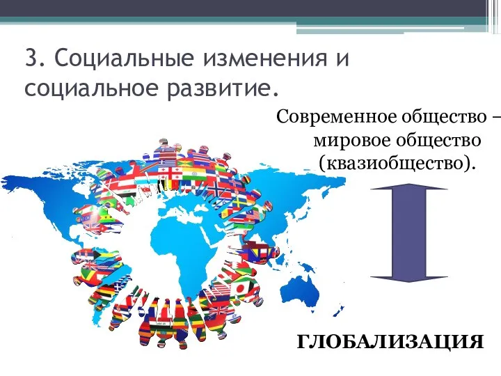 3. Социальные изменения и социальное развитие. Современное общество – мировое общество (квазиобщество). ГЛОБАЛИЗАЦИЯ