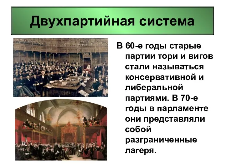 Двухпартийная система В 60-е годы старые партии тори и вигов стали называться