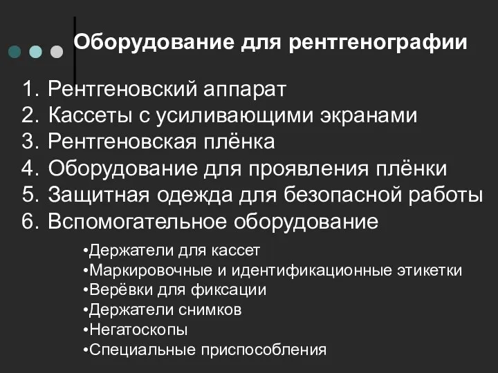 Оборудование для рентгенографии Рентгеновский аппарат Кассеты с усиливающими экранами Рентгеновская плёнка Оборудование