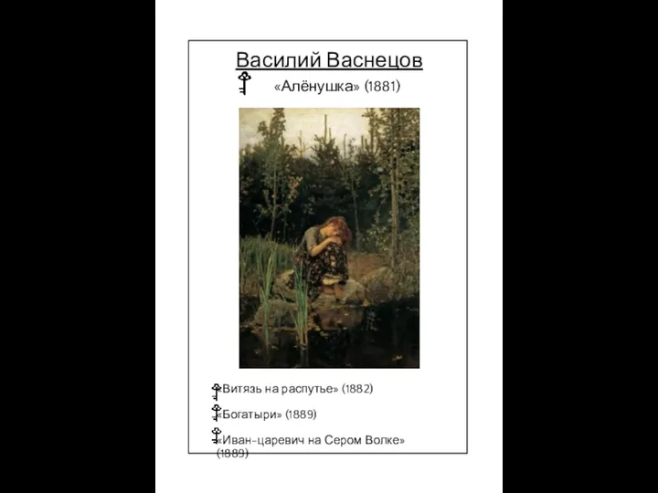 Василий Васнецов «Алёнушка» (1881) «Витязь на распутье» (1882) «Богатыри» (1889) «Иван-царевич на Сером Волке» (1889)