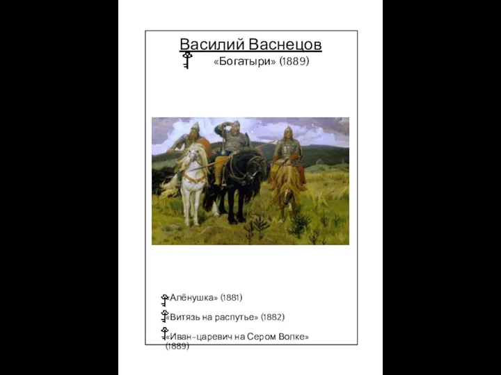 Василий Васнецов «Богатыри» (1889) «Алёнушка» (1881) «Витязь на распутье» (1882) «Иван-царевич на Сером Волке» (1889)