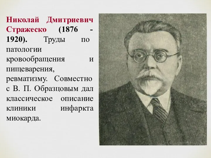 Николай Дмитриевич Стражеско (1876 - 1920). Труды по патологии кровообращения и пищеварения,