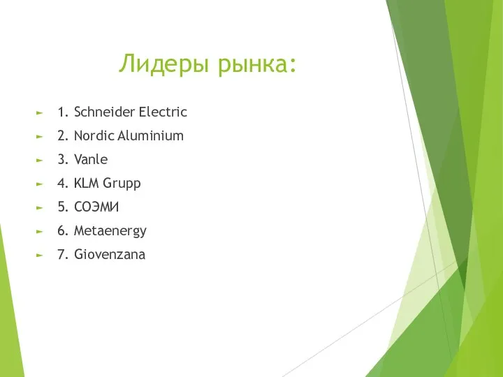 Лидеры рынка: 1. Schneider Electric 2. Nordic Aluminium 3. Vanle 4. KLM