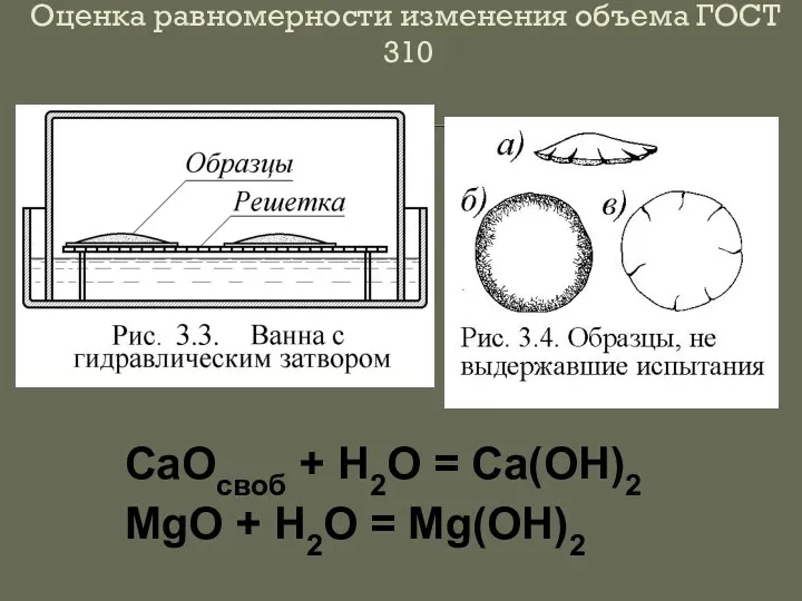 Оценка равномерности изменения объема ГОСТ 310 CaOсвоб + H2O = Ca(OH)2 MgO + H2O = Mg(OH)2