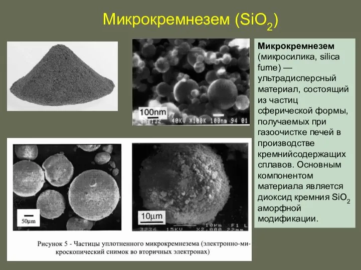 Микрокремнезем (SiO2) Микрокремнезем (микросилика, silica fume) —ультрадисперсный материал, состоящий из частиц сферической