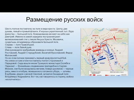 Размещение русских войск Шесть полков поставлены на поле в виде креста. Центр,