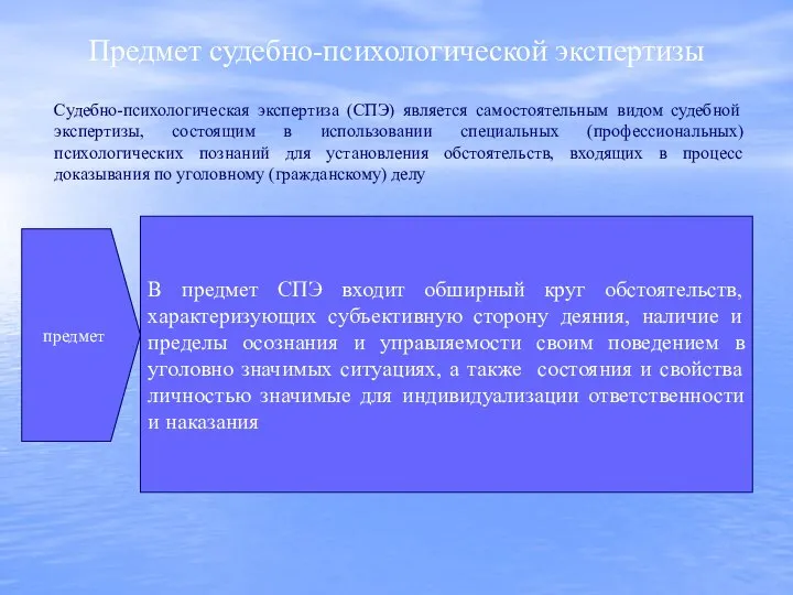 Предмет судебно-психологической экспертизы Судебно-психологическая экспертиза (СПЭ) является самостоятельным видом судебной экспертизы, состоящим