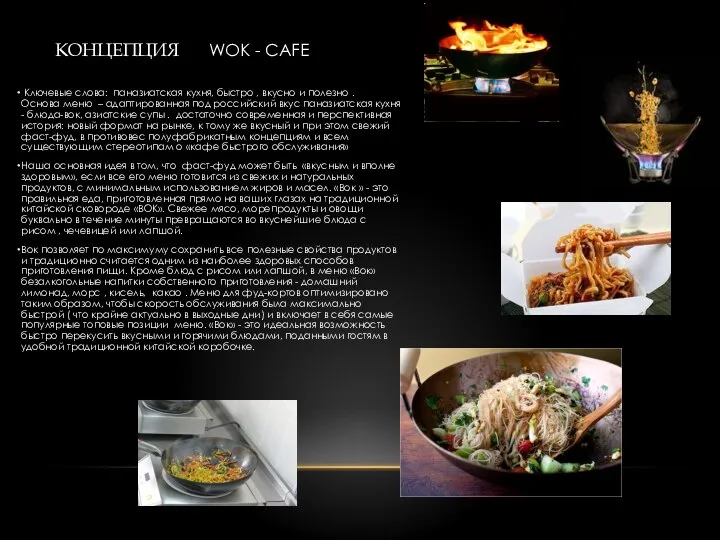 КОНЦЕПЦИЯ WOK - CAFE Ключевые слова: паназиатская кухня, быстро , вкусно и