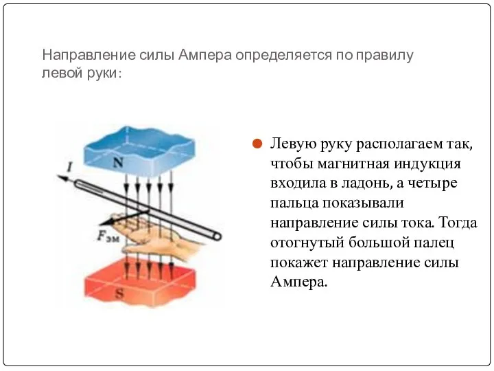 Направление силы Ампера определяется по правилу левой руки: Левую руку располагаем так,