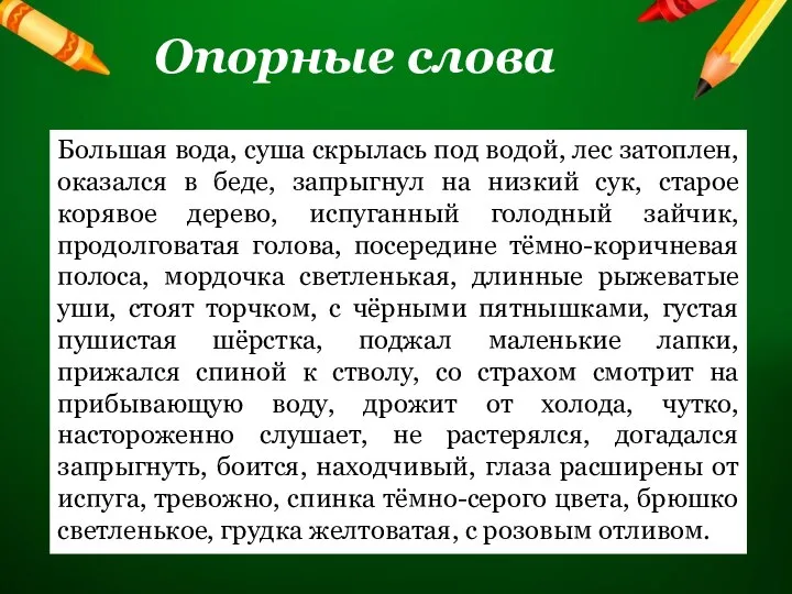 Опорные слова Большая вода, суша скрылась под водой, лес затоплен, оказался в