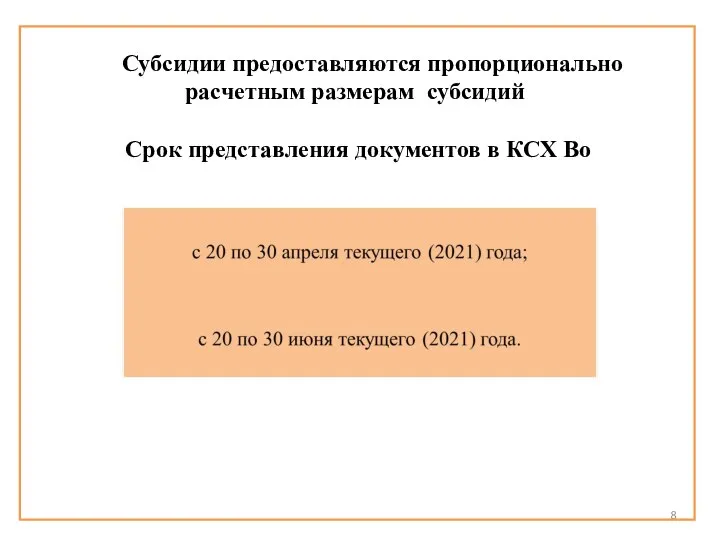 Субсидии предоставляются пропорционально расчетным размерам субсидий Срок представления документов в КСХ Во