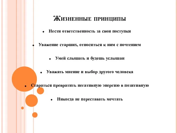 Жизненные принципы Нести ответственность за свои поступки Уважение старших, относиться к ним