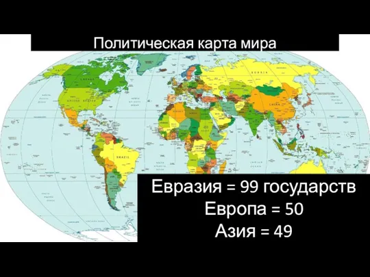 Политическая карта мира Евразия = 99 государств Европа = 50 Азия = 49