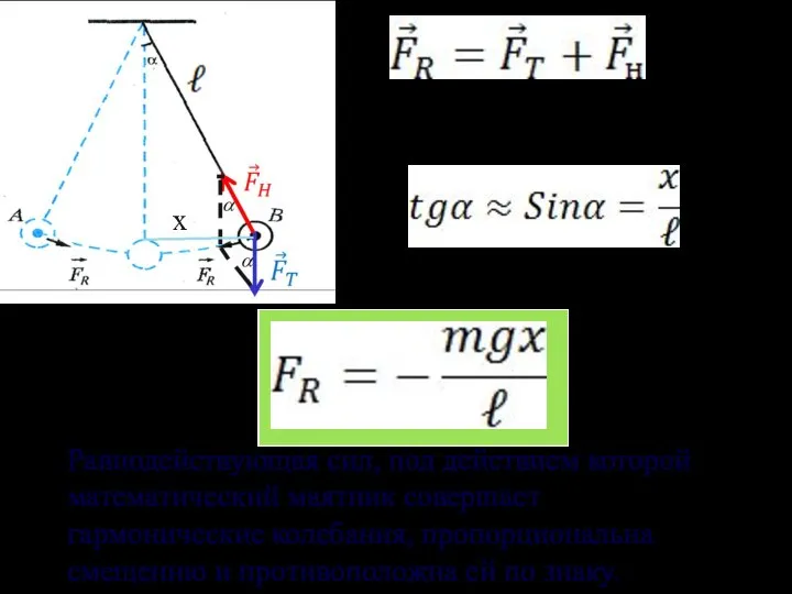 Равнодействующая сил, под действием которой математический маятник совершает гармонические колебания, пропорциональна смещению