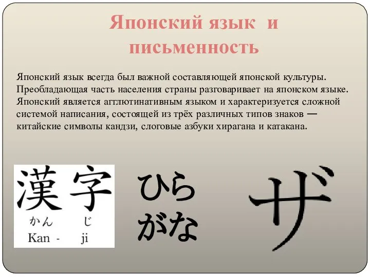 Японский язык и письменность Японский язык всегда был важной составляющей японской культуры.