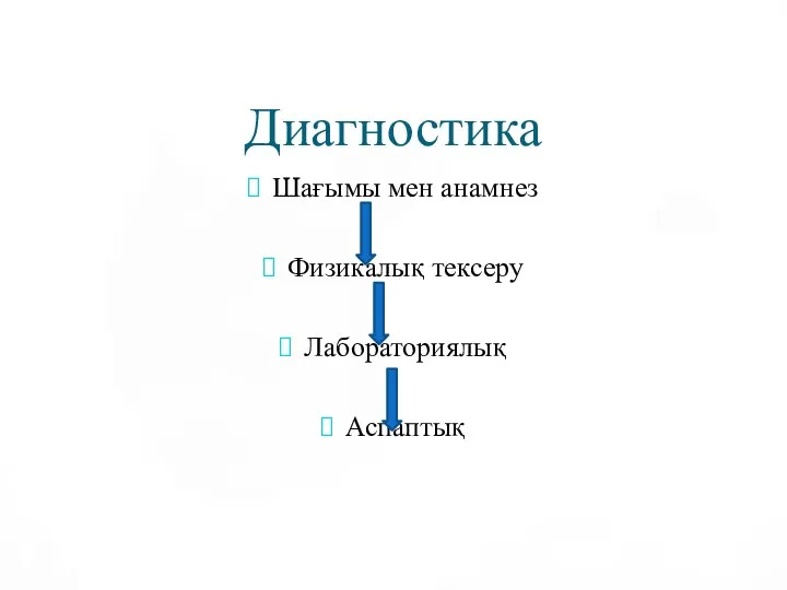 Диагностика Шағымы мен анамнез Физикалық тексеру Лабораториялық Аспаптық